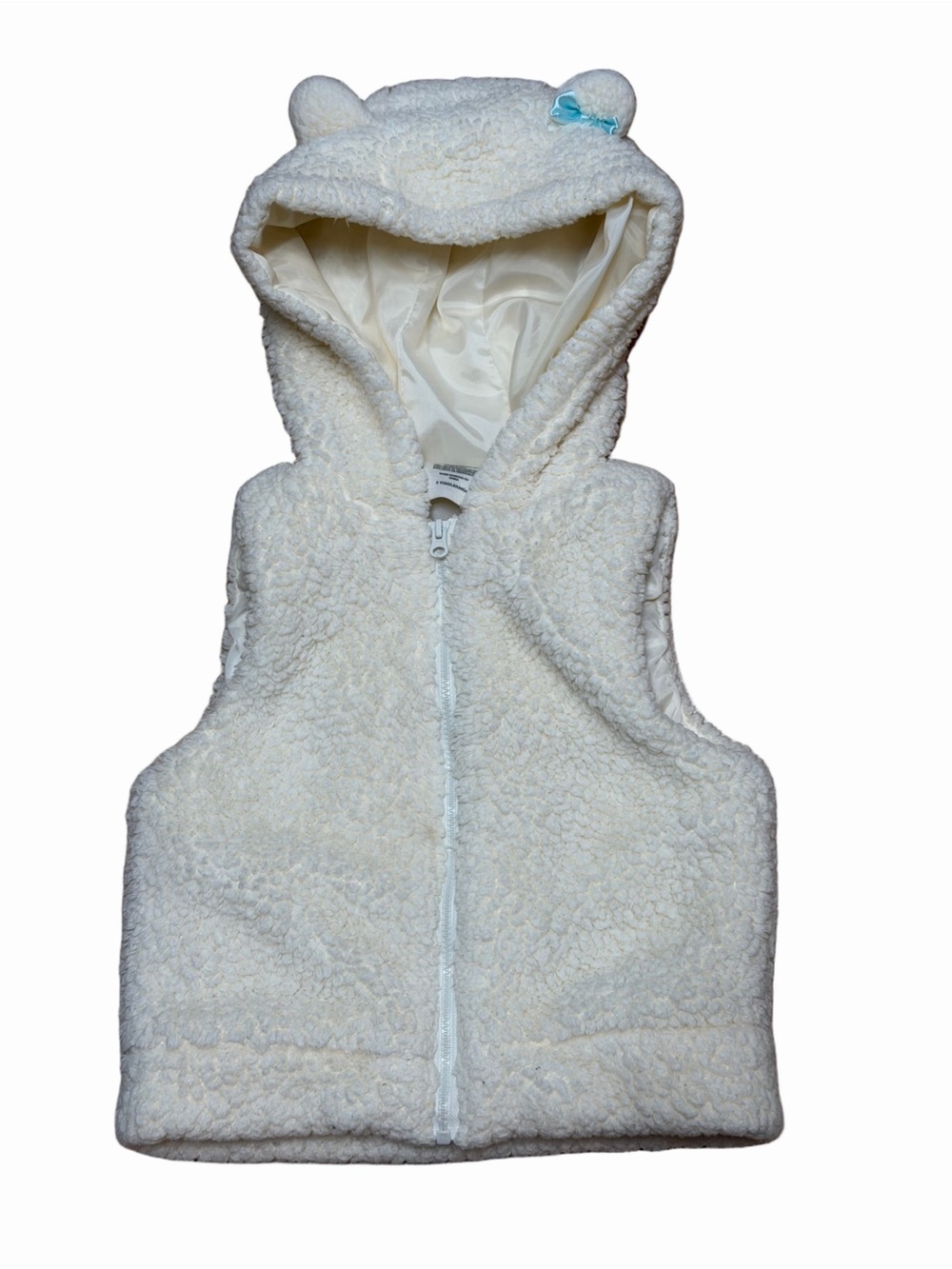 WonderKids Girls Cream Sherpa Teddy Bear Ear Hooded Zip Vest Bow Size 5T